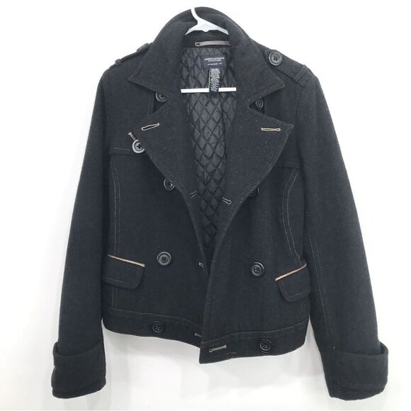 American Eagle Black Wool Blend Double Breasted Button Short Cut Pea Coat - Picture 3 of 16